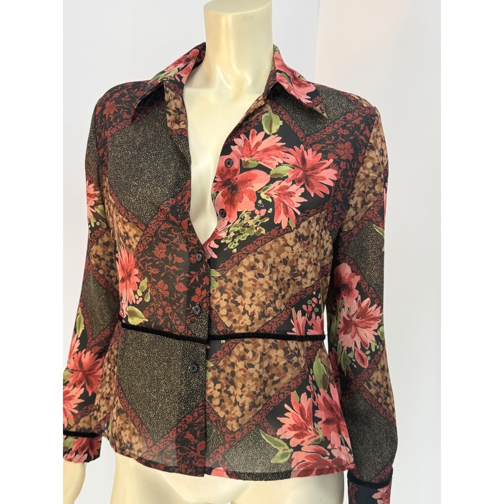Vintage 90s Sheer Chiffon Patchwork Floral Blouse Velvet Trim Dark Romantic BoHo